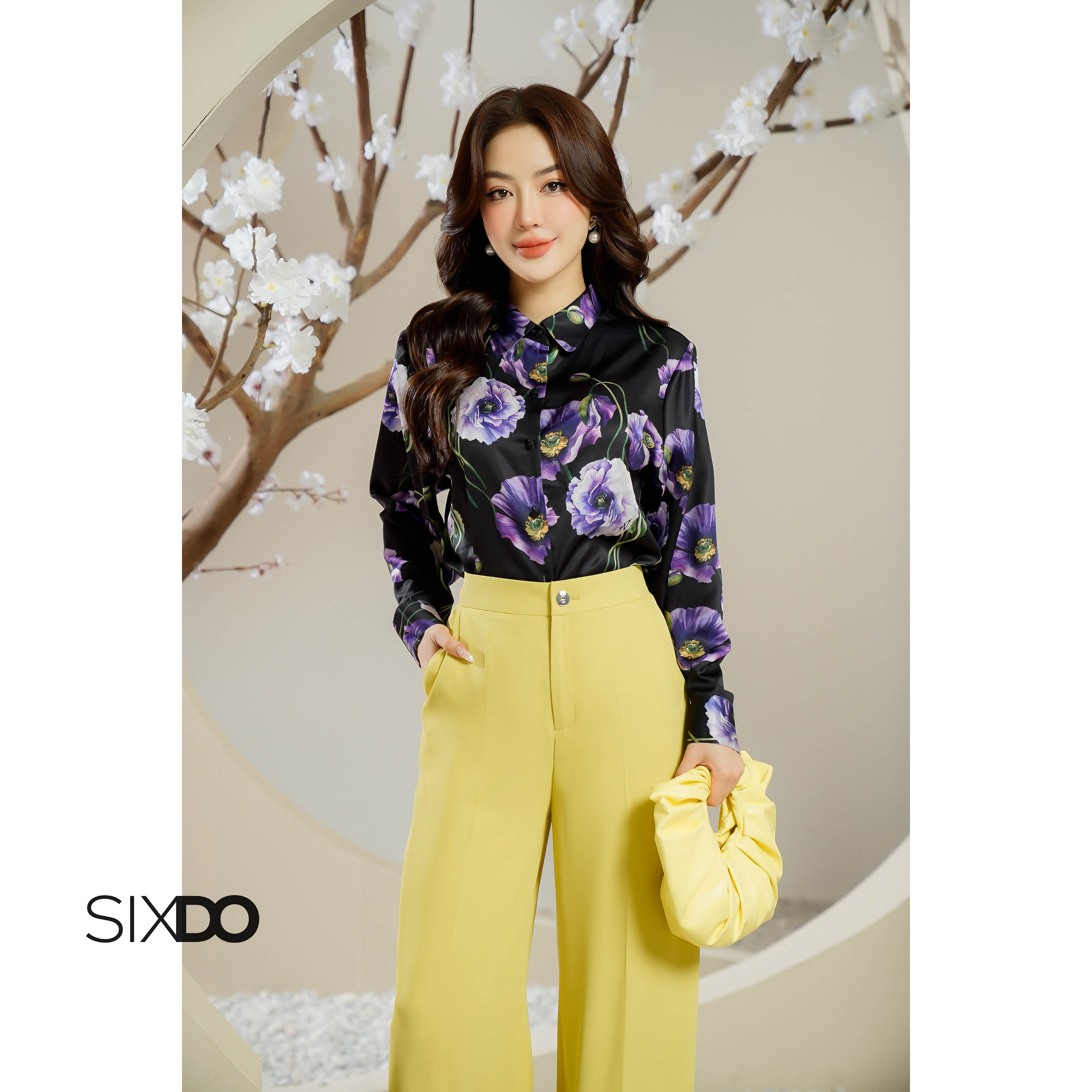 Áo sơ mi nữ lụa đen in hoa SIXDO (Black Poppy Silk Shirt)