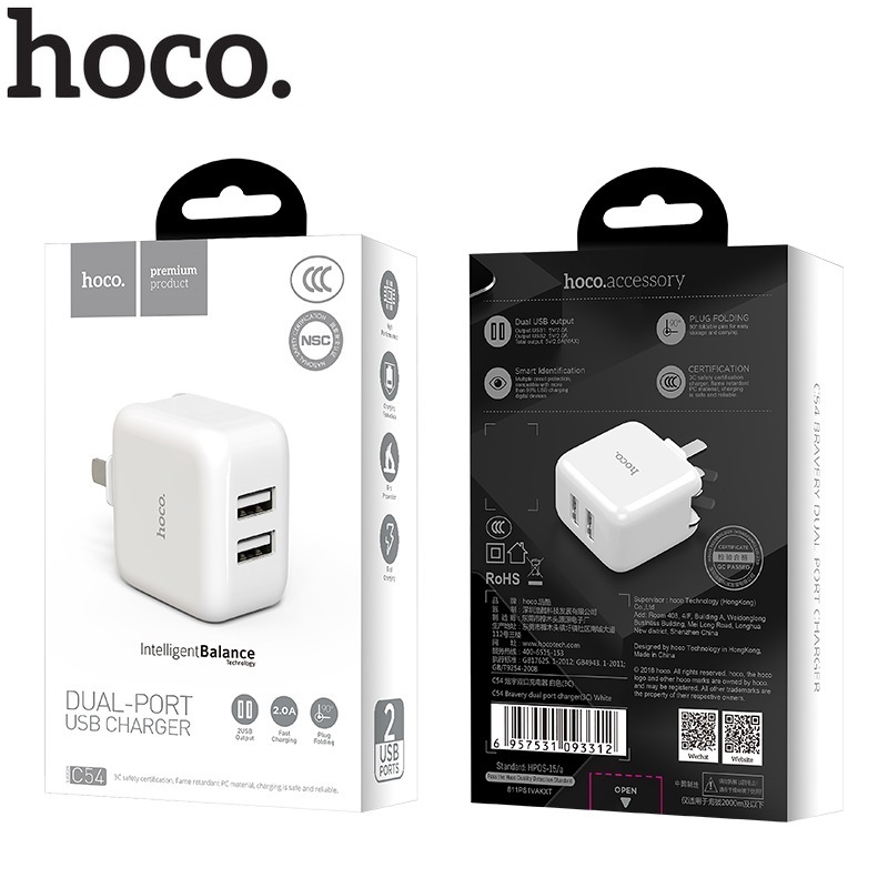 Củ sạc nhanh 2A Hoco C54 2 cổng sạc cho các loại máy ( CHÍNH HÃNG )