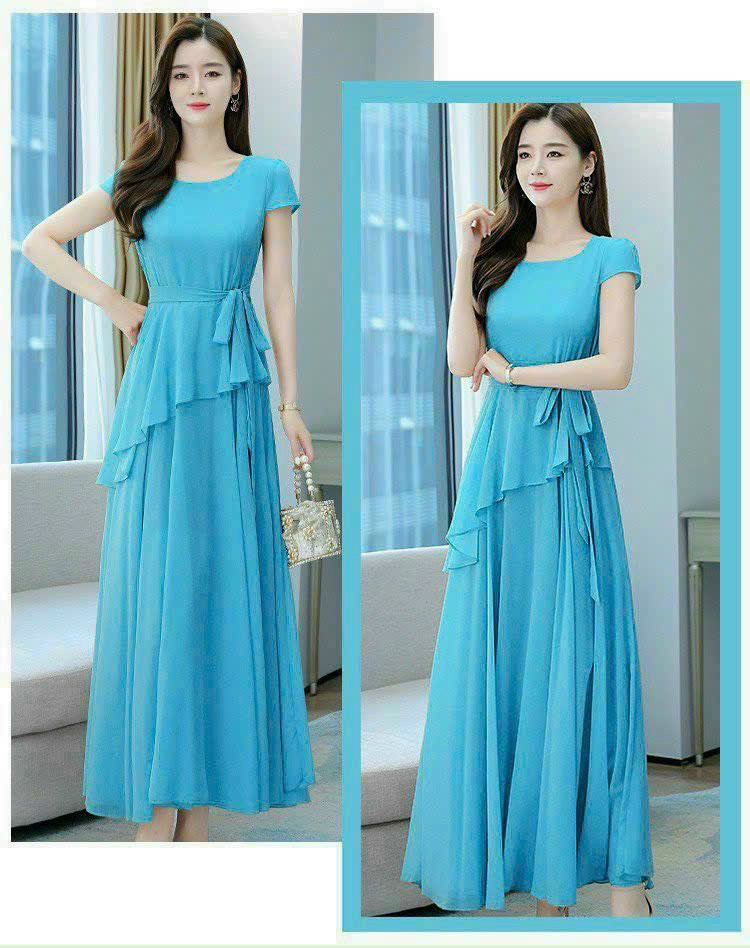 Đầm xòe cổ tròn xếp ly tà chéo, đầm xòe xếp ly cách điệu tay ngắn