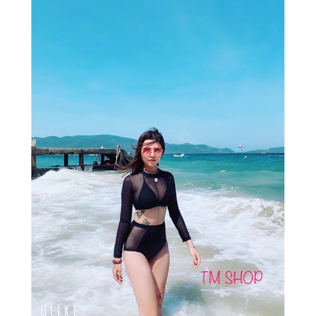 Bikini đồ bơi đi biển hai mảnh tay dài đen lưới kg15