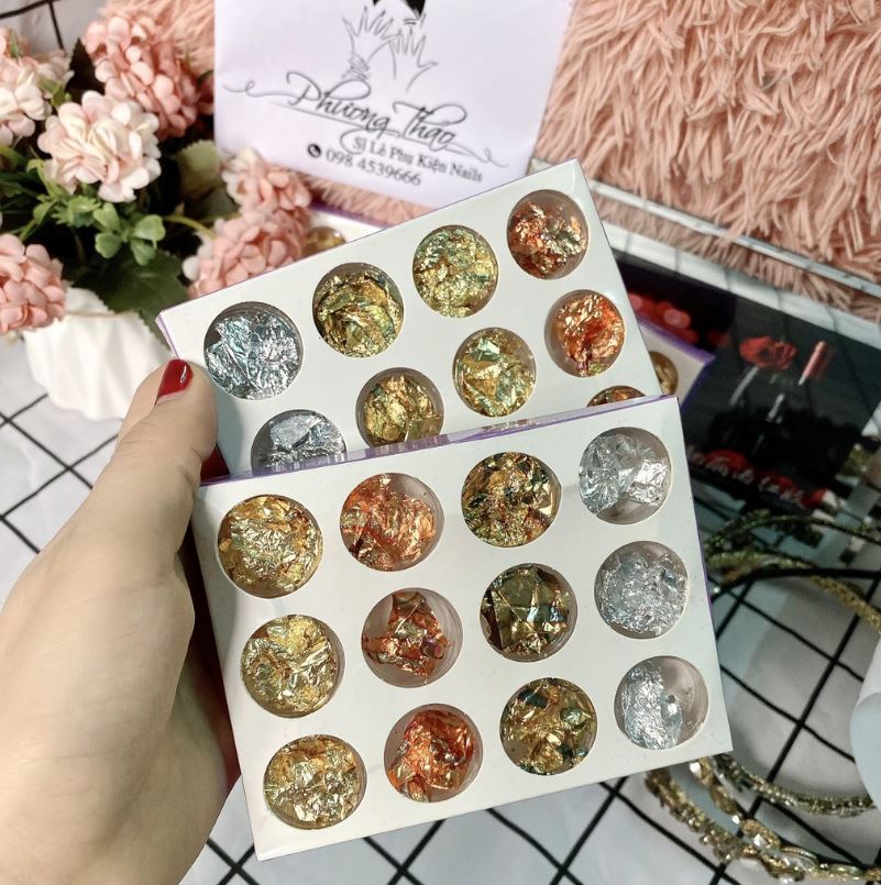 Set giấy nhún vàng bạc trang trí móng 12 hũ