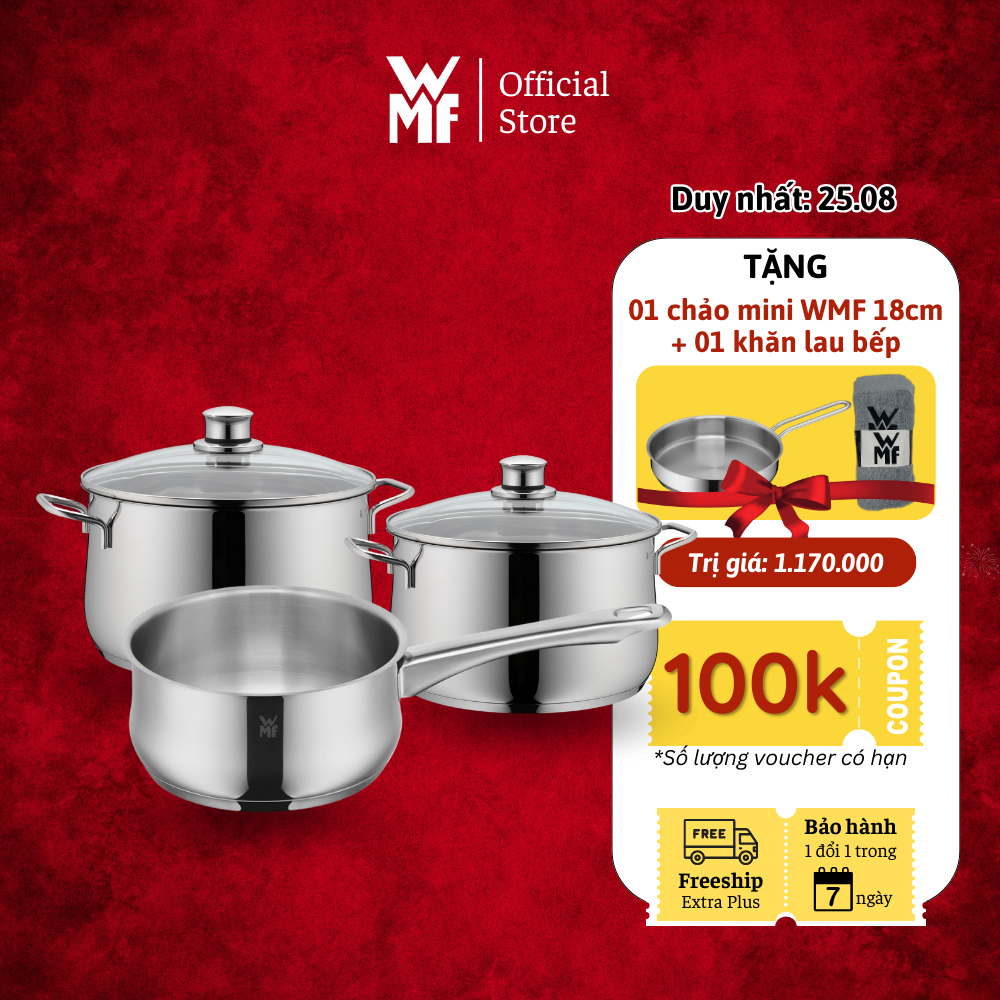 Bộ nồi wmf diadem plus 3 món chất liệu thép cromargan không gỉ dùng cho mọi loại bếp - 0730299990
