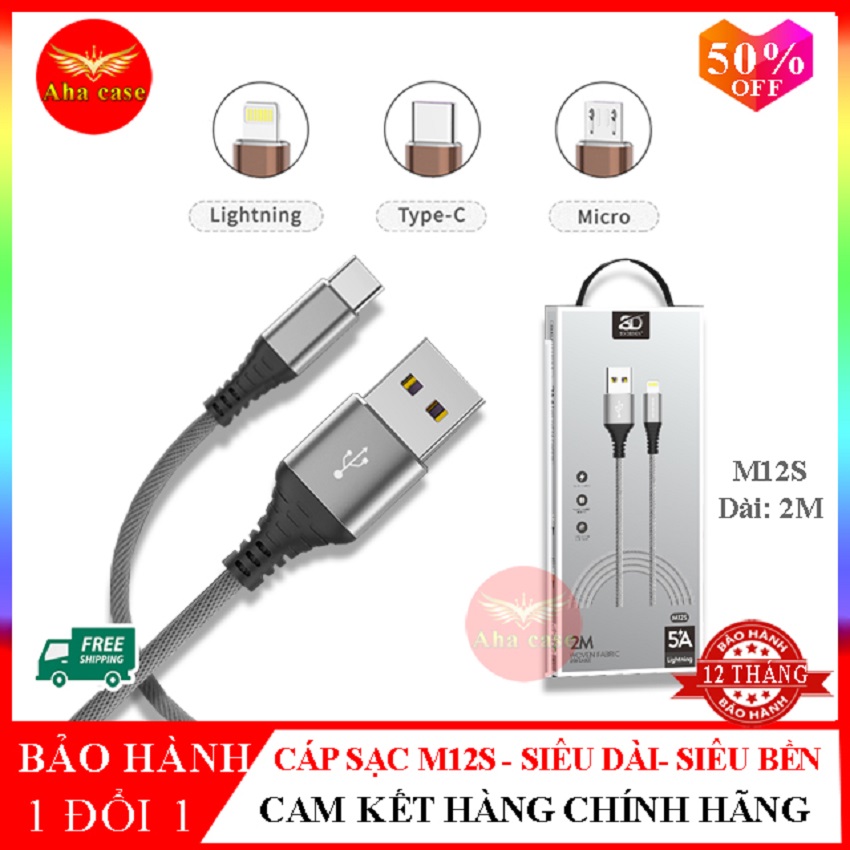 Cáp sạc bọc dù M12s dài 2 mét chính hãng SD Design Cáp sạc nhanh iPhone TypeC Micro - Siêu bền-Chống Gẫy Đứt- Bảo hành 12 tháng