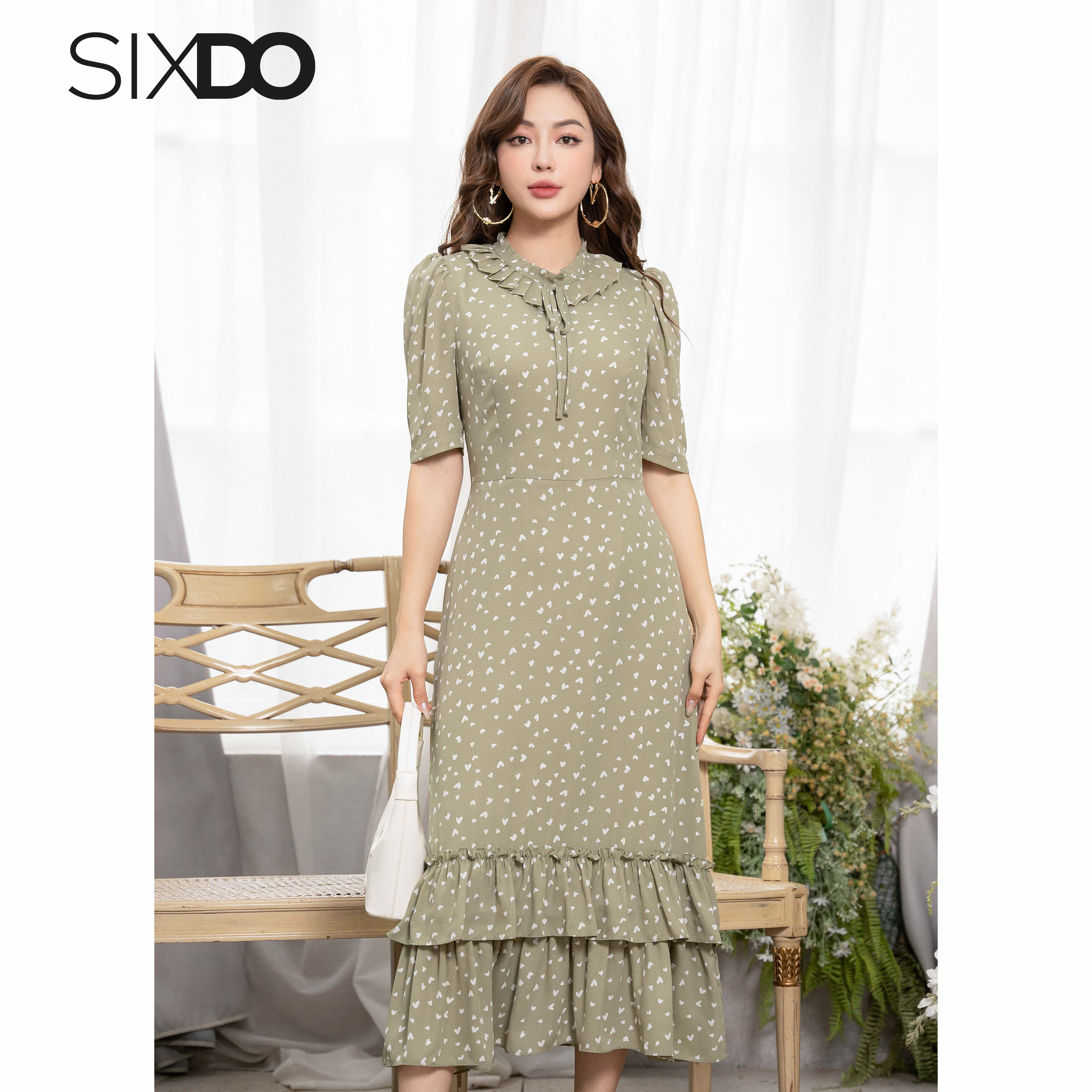 Đầm chiffon cổ bèo họa tiết trái tim SIXDO (Midi Chiffon Dress)