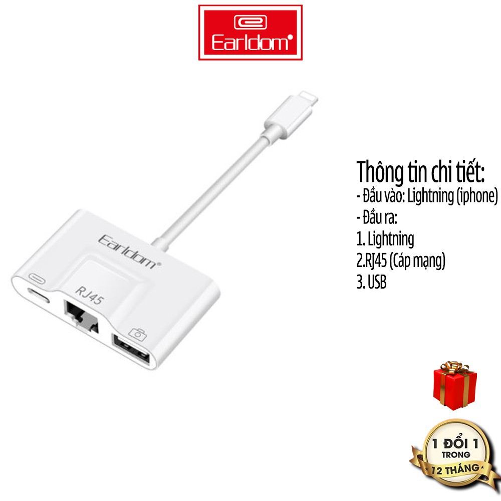 JACK CHUYỂN LIGHTNING 3IN1 EARLDOM OT53 (1 CỔNG SẠC + 1 CỔNG RJ45 + USB 3.0)
