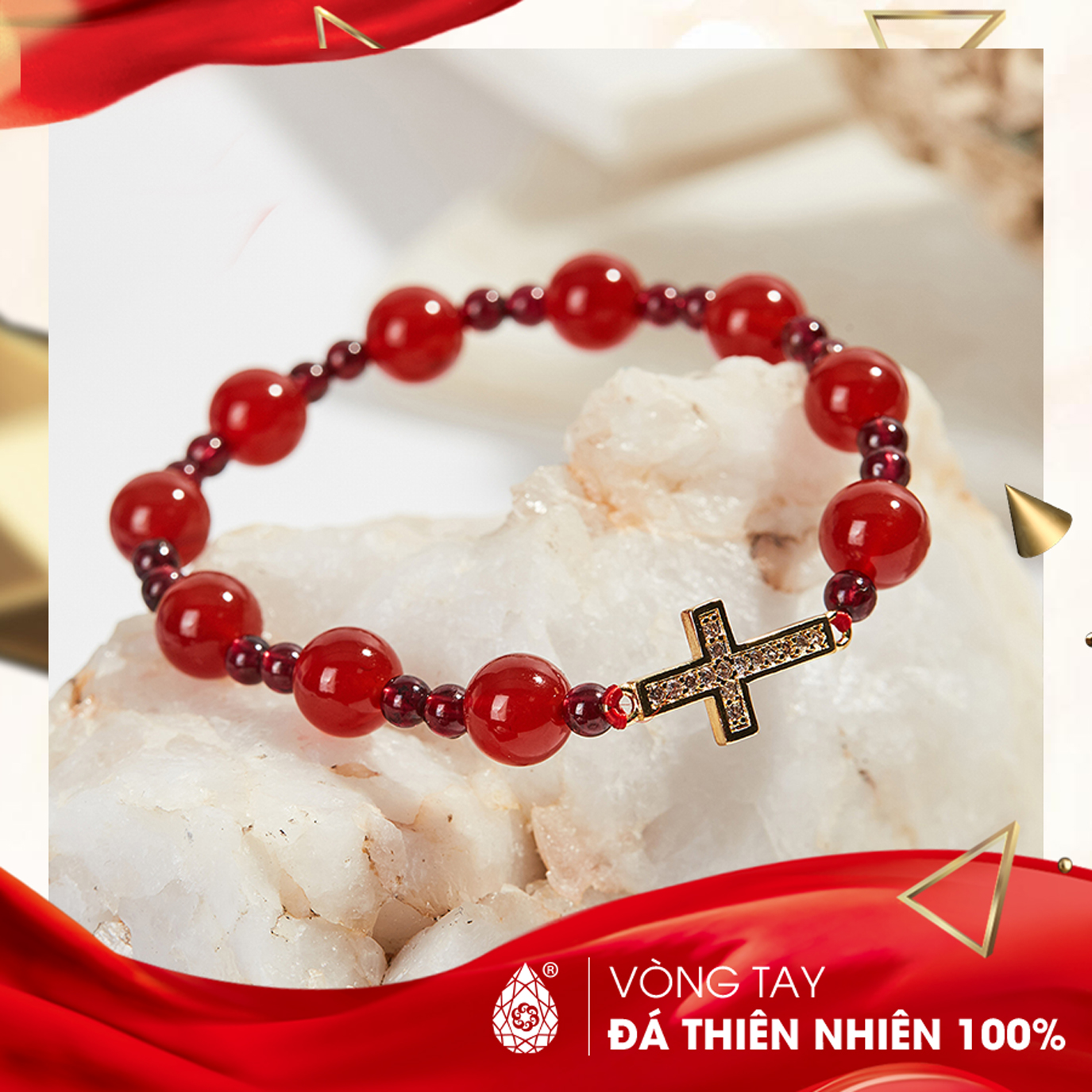 [HCM]Vòng chuỗi mân côi đá Mã Não đỏ 10mm mix charm Thánh Giá - Ngọc Quý Gemstones