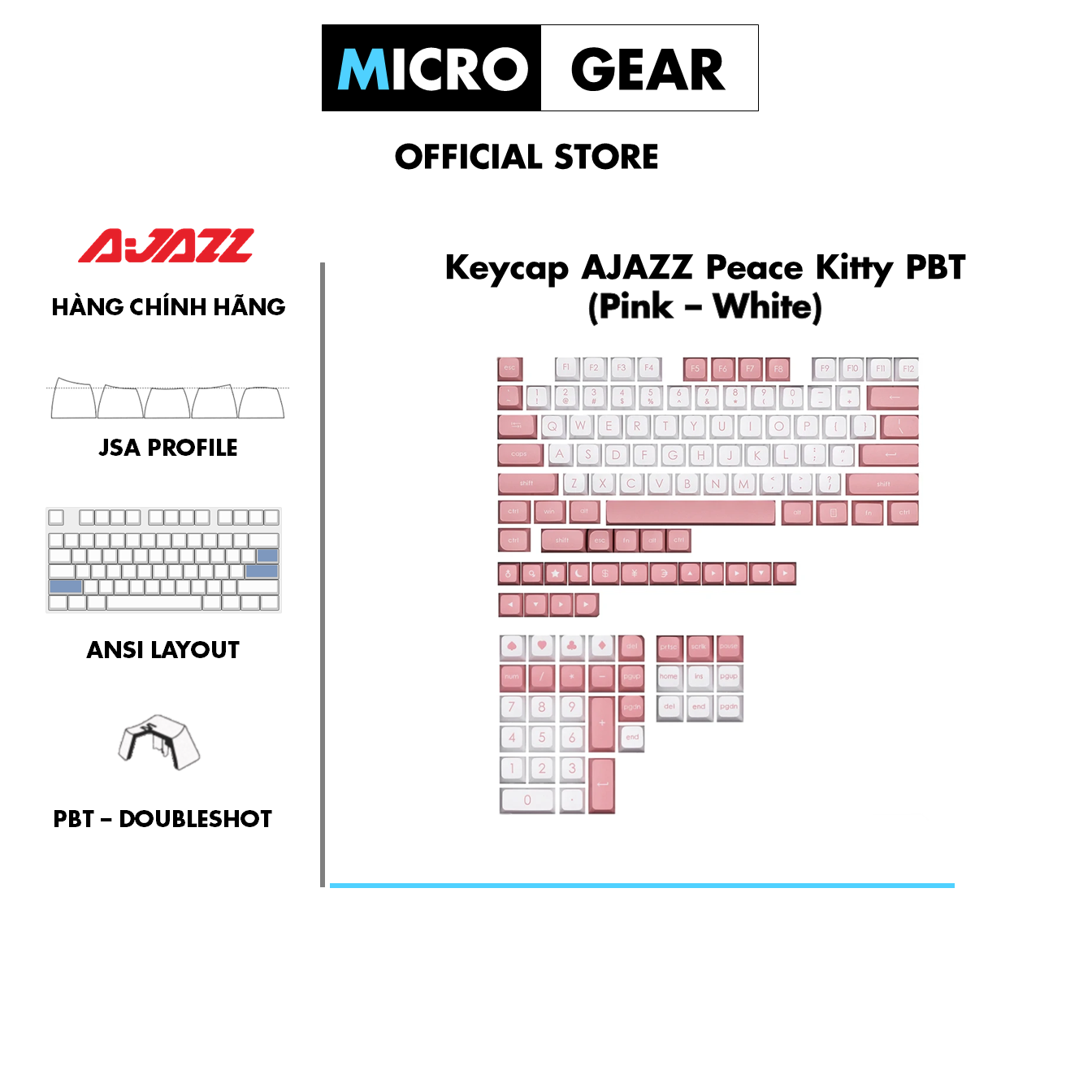 Bộ Keycap Ajazz Peace Kitty 129 phím (Chất liệu PBT / DoubleShot /JSA Profile/ ANSI Layout )