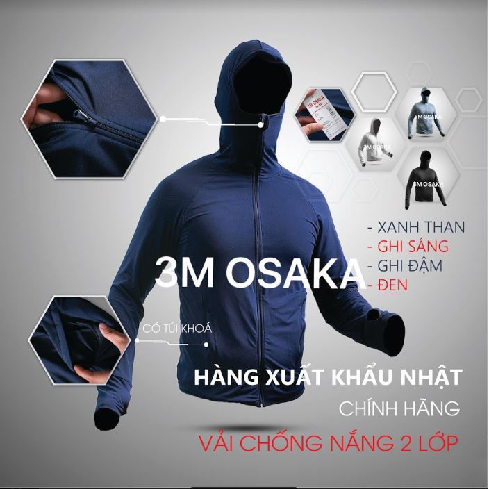 Áo chống nắng nam 3M 0saka, áo khoác chống nắng nam vải poly dày dặn khóa kéo cao che mặt N02