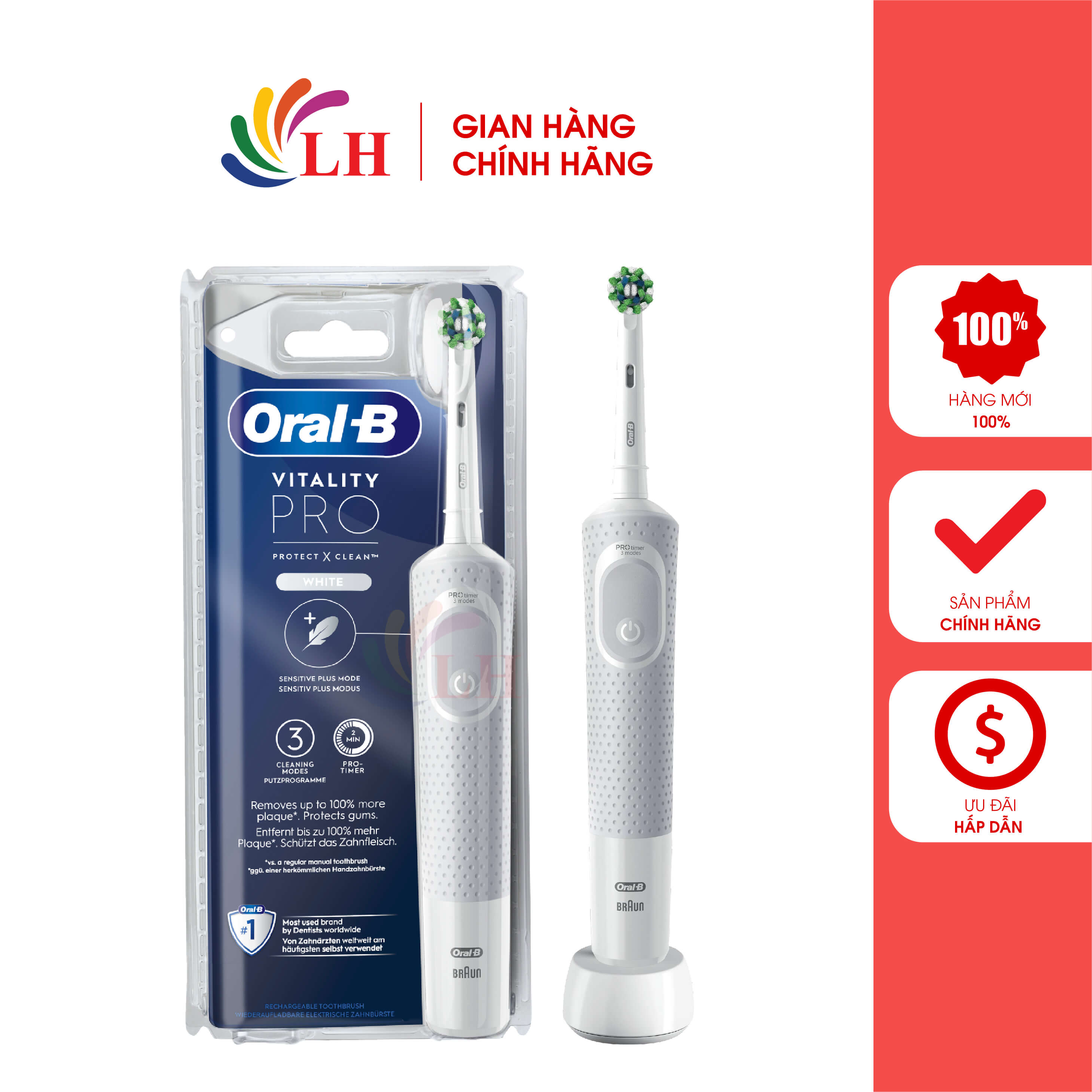 Bàn chải điện Oral-B Pro 3 3000 Pure Clean/Vitality Pro/Starter Pack - Thiết kế nhỏ gọn, loại bỏ 100% mảng bám thông thường, làm sạch hiệu quả