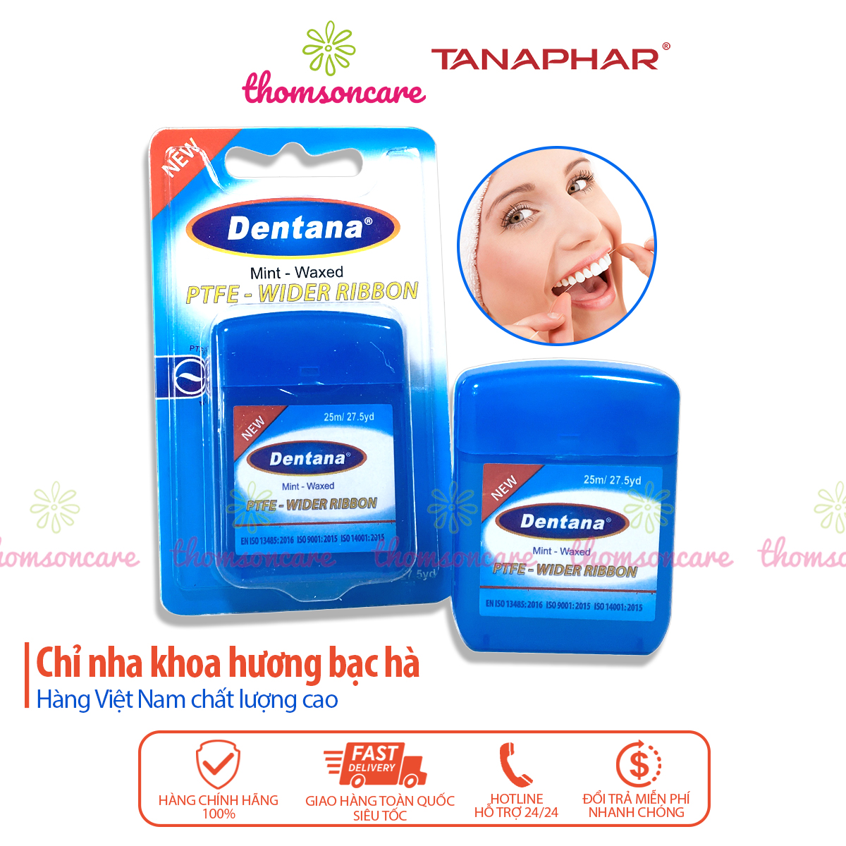 Chỉ nha khoa Dentana hương bạc hà - Chỉ cuộn kẽ xỉa răng vệ sinh chăm sóc răng miệng sau ăn