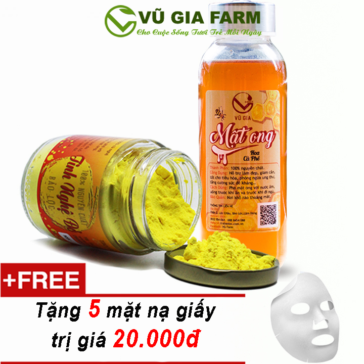Combo Tinh Nghệ Đỏ 100g + Mật Ong Hoa Cà Phê Nguyên Chất Vũ Gia (420g/hũ) + Tặng 5 Mặt Nạ Giấy - Hỗ trợ đắp mặt nạ dưỡng da, tẩy tế bào chết, xóa mờ thâm nám tàn nhang - Đã được kiểm nghiệm y tế