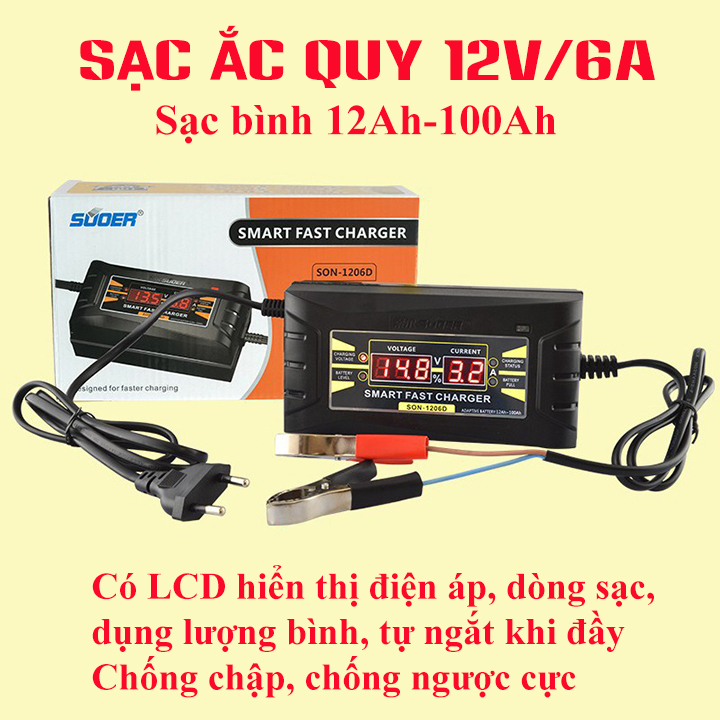 Sạc bình ắc quy 12v SUOER-SON1206D sạc bình từ 12Ah-100Ah có chức năng tránh sunfat hóa thông minh tự ngắt khi đầy chống ngược cực Sạc acquy xe máy acquy ô tô máy nạp bình ắc quy sạc bình ắc quy 12v