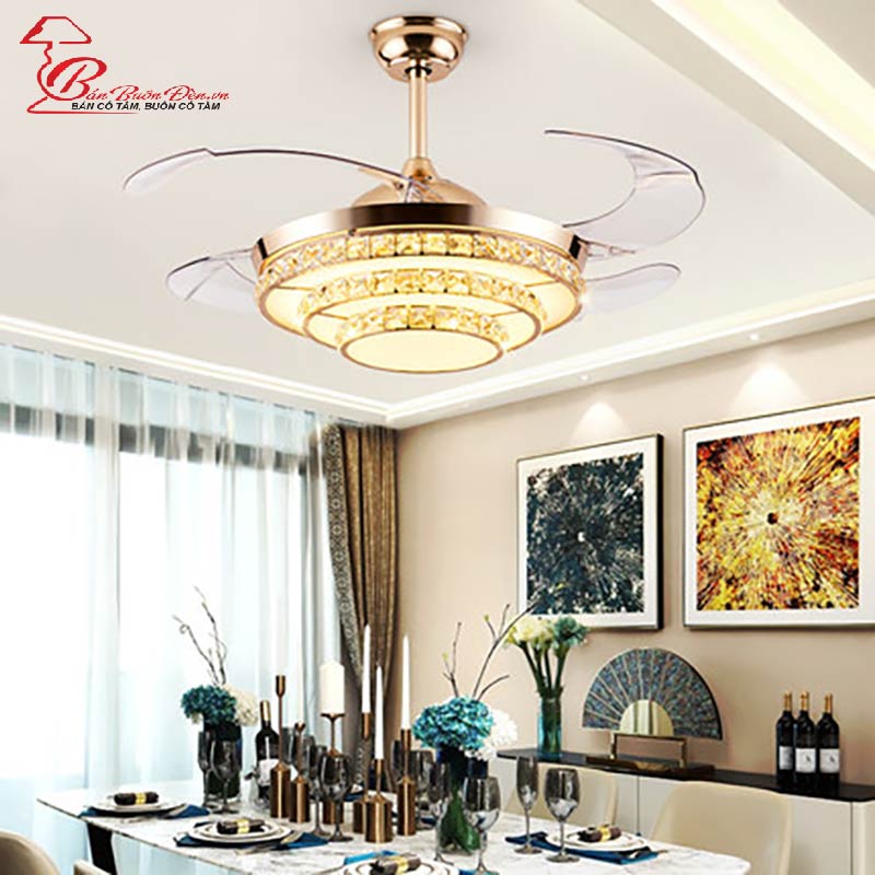 Quạt trần đèn dấu cánh, quạt trần phòng khách , cánh cụp cánh xòe có 3 chế độ ánh sáng có điều khiển