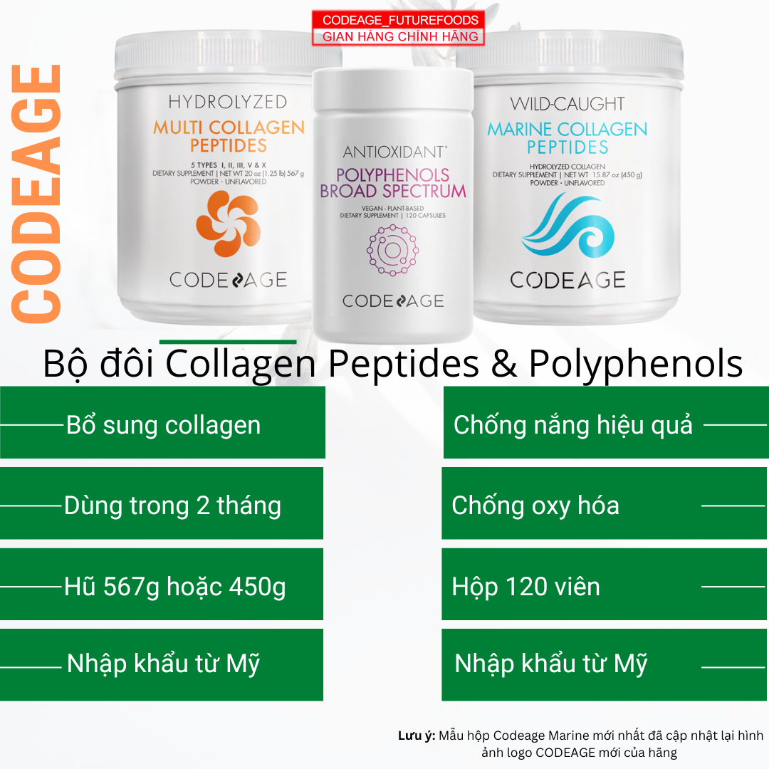 Combo Da Khỏe Săn Chắc, Chống Nắng Hiệu Quả Codeage Collagen Peptides + Codeage Polyphenols Broad Spectrum