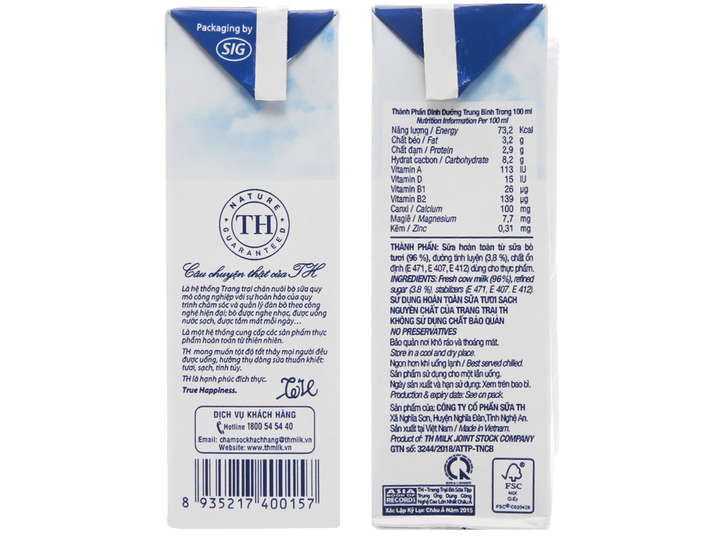 Sữa tiệt trùng TH True Milk 180ml ít đường