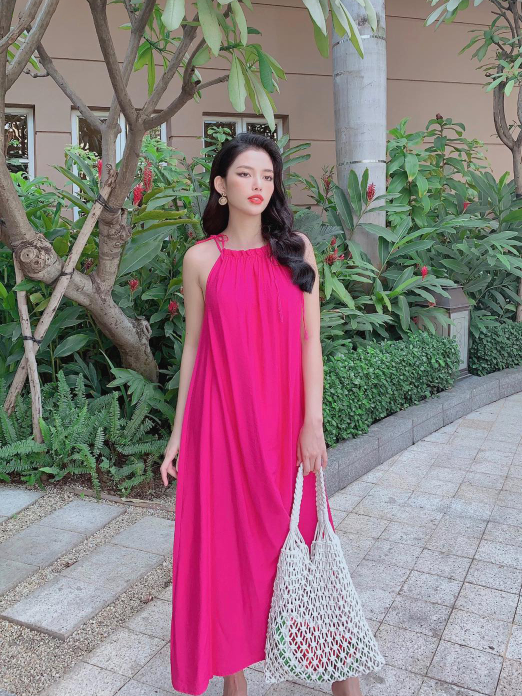Đầm maxi cổ yếm buộc nơ