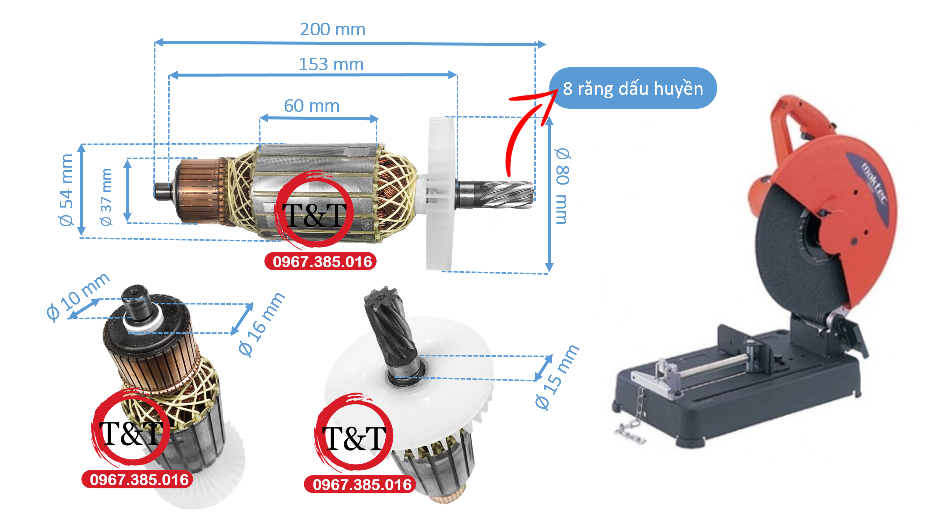 Rotor máy cắt sắt Maktec MT240 MT 240 có 8 răng dấu huyền chính hãng DCA tặng kèm chổi than