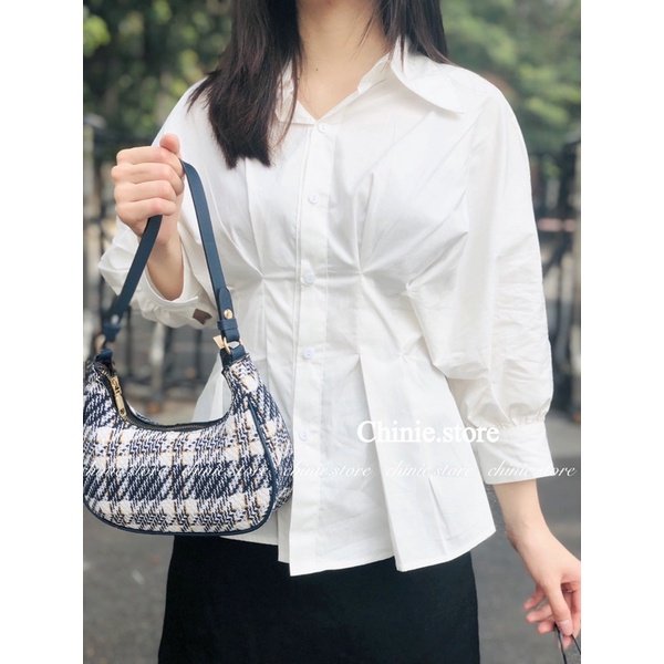 áo sơ mi nữ trắng công sở nhúm eo dáng xòe cá tính