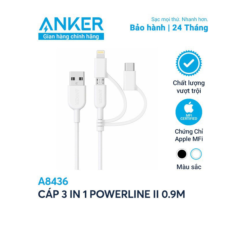 Cáp 3 In 1 Anker Powerline Ii 0.9M - A8436 (Lightning - Type C - Micro Usb)