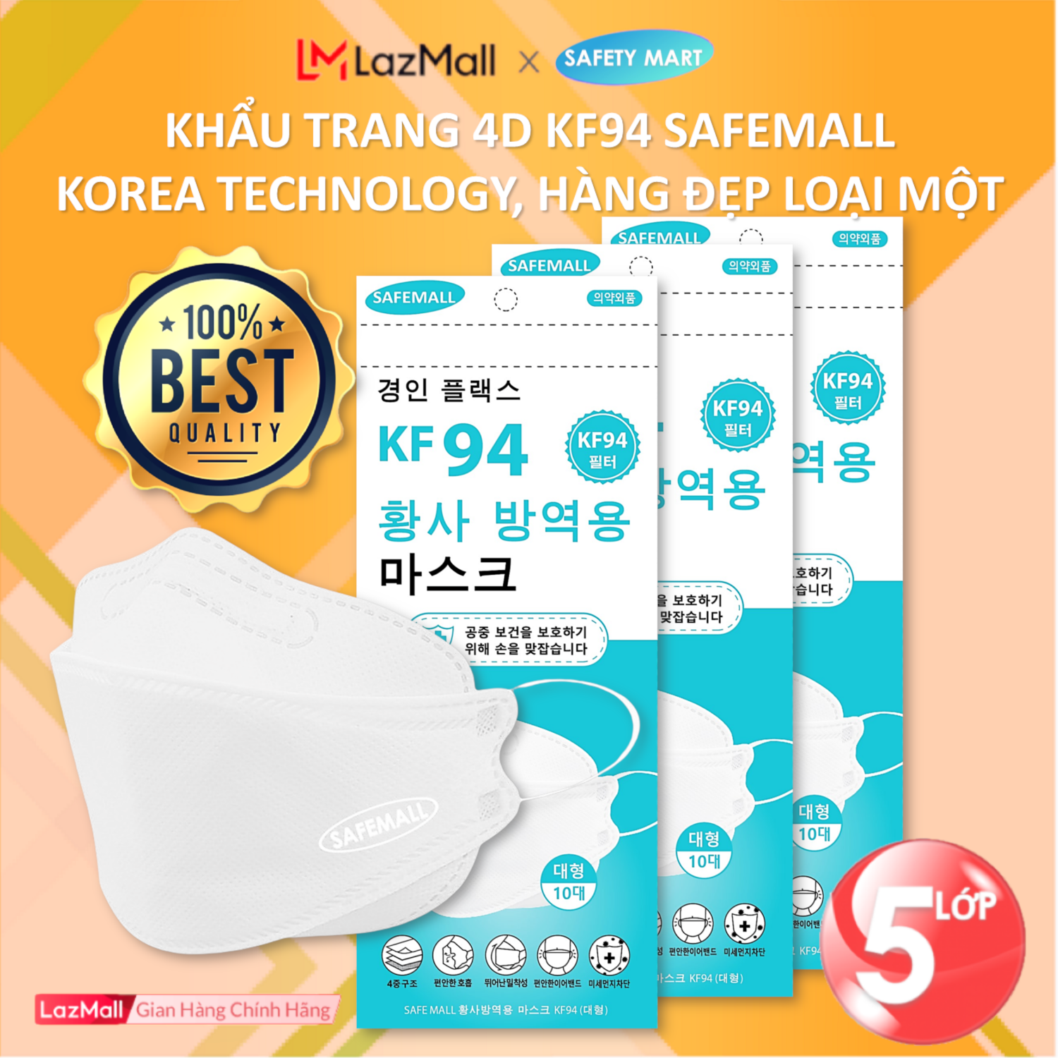 Thùng 300 200 chiếc Khẩu trang y tế 4D KF94 SafeMall Korea Technology
