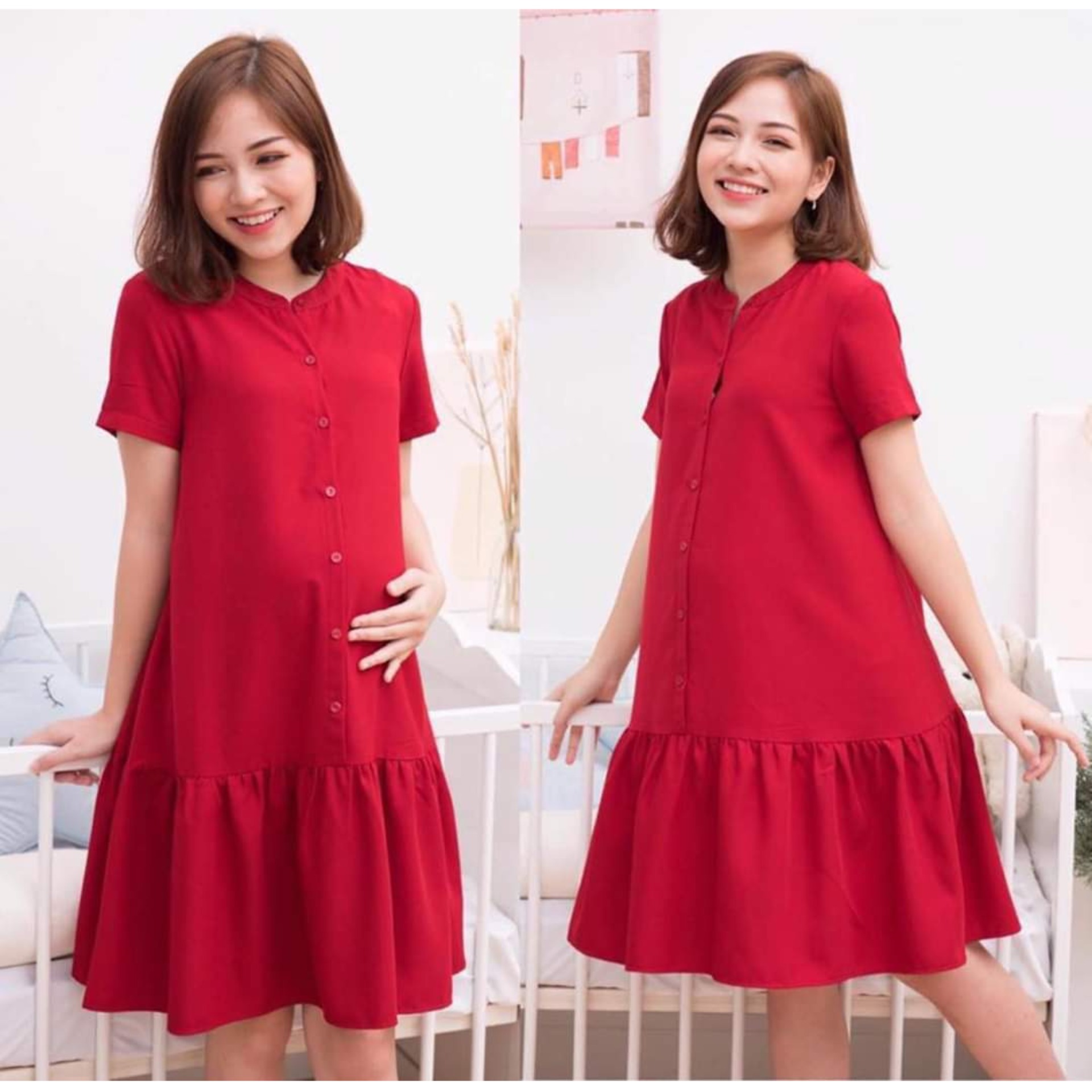 Váy Bầu Công Sở Thiết Kế - Đầm Bầu Cổ Sơ Mi Lụa Tằm Mềm Mát