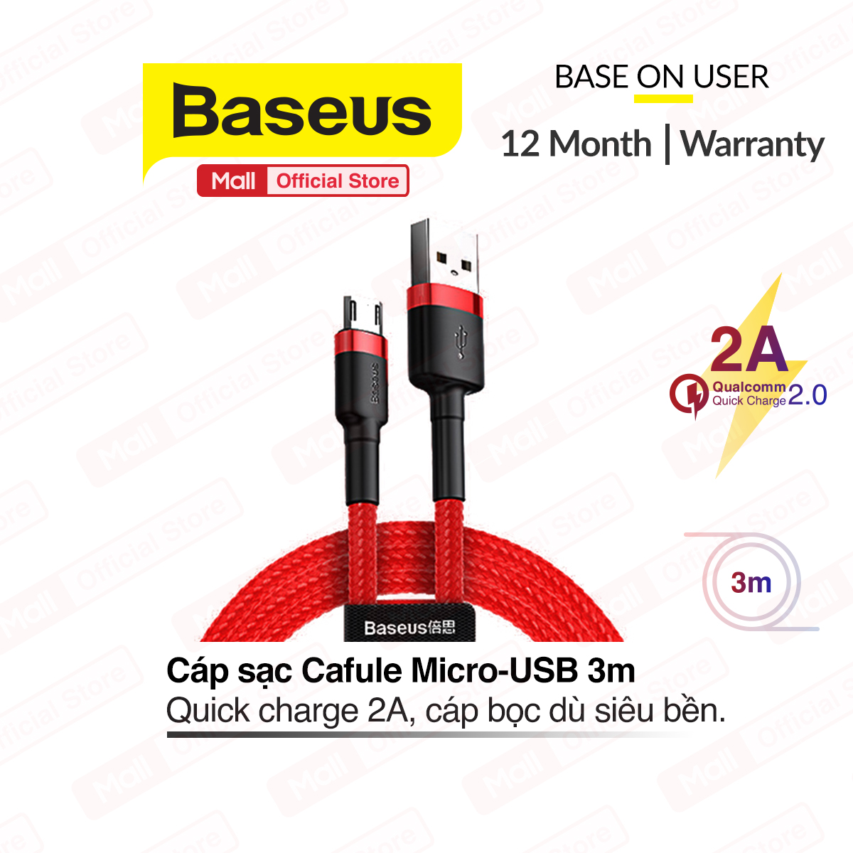 Cáp Sạc Baseus sạc nhanh Micro USB Cho Smartphone Android 2.4A, dài 1m/2m/3m