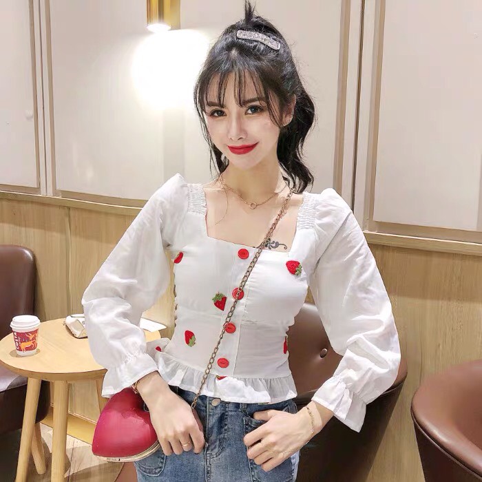 Áo voan trái cây tay dài cổ vuông phối nút trước stype TTSA0491