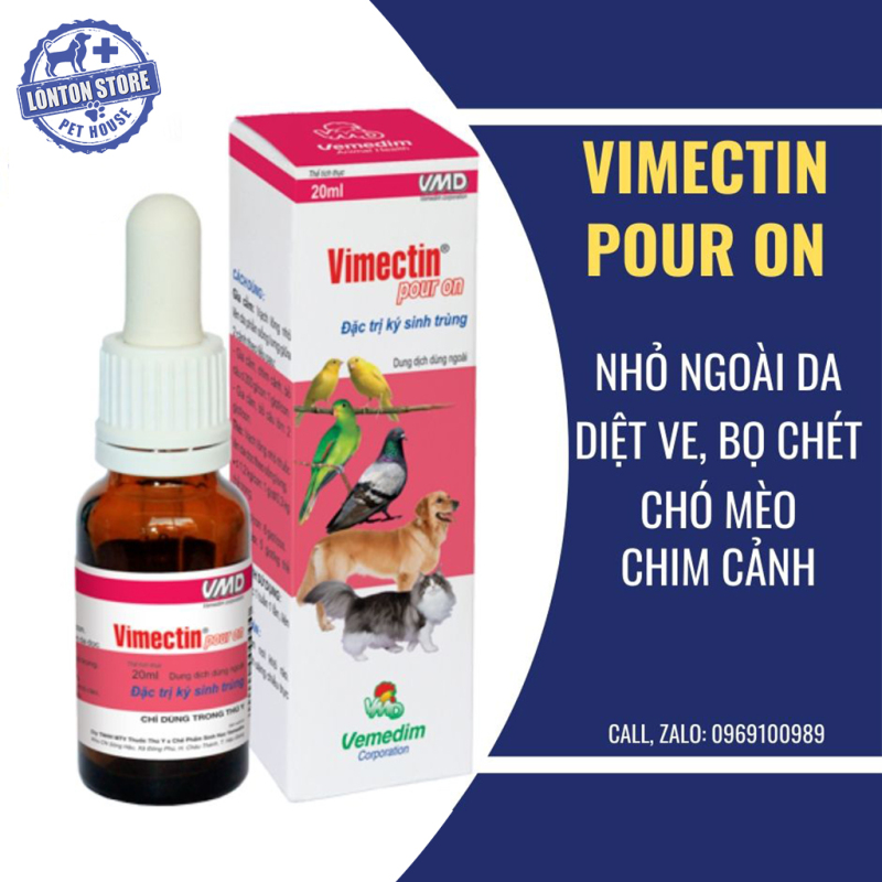 Vimectin Pour on (nhỏ giọt lên da) diệt ve, bọ chét chó, diệt rận mạt gà, chim cảnh. Vemedim & Lonton store