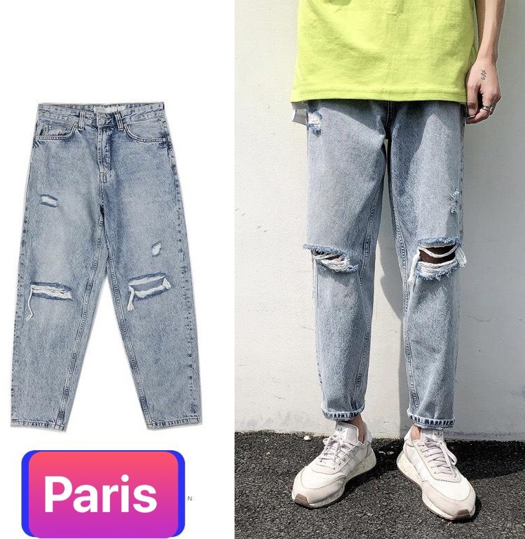 QUẦN BAGGY JEAN NAM CHẤT BÒ ỐNG RỘNG DÀI RÁCH GỐI HÀN QUỐC NEW TREND DB-46 - PARIS FASHION