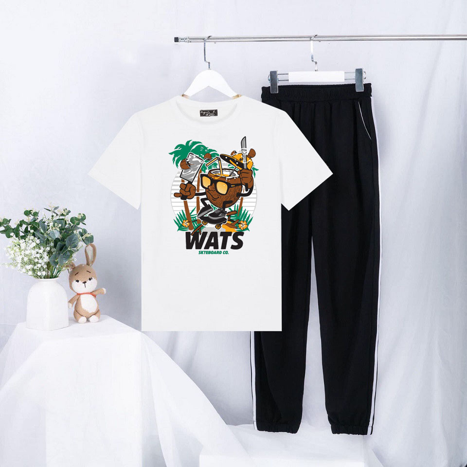 Sét Bộ Đồ Mùa Hè Ulzzang Nữ Xinh Cute Mặc Đi Chơi Dạo Phố, Chất Liệu Áo Cotton Organic Màu Trắng Ngắn Tay Cổ Tròn In 3D Quả Dừa Wats Cute Kèm Quần Thun Bo Chun Gấu Hai Rót Phong Cách