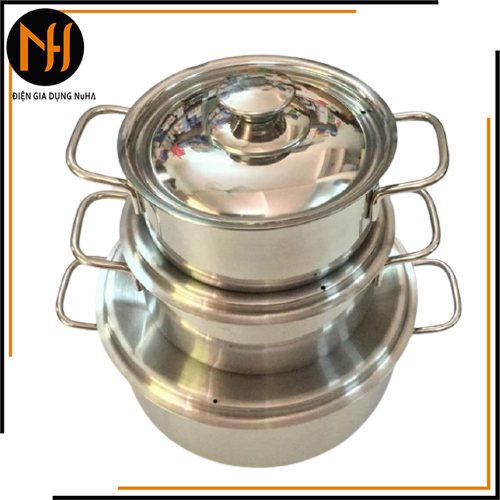 Bộ 3 nồi inox đáy từ dùng mọi loại bếp, tiết kiệm điện ga, 3 chiếc size 16/24/24cm, dùng được mọi loại bếp
