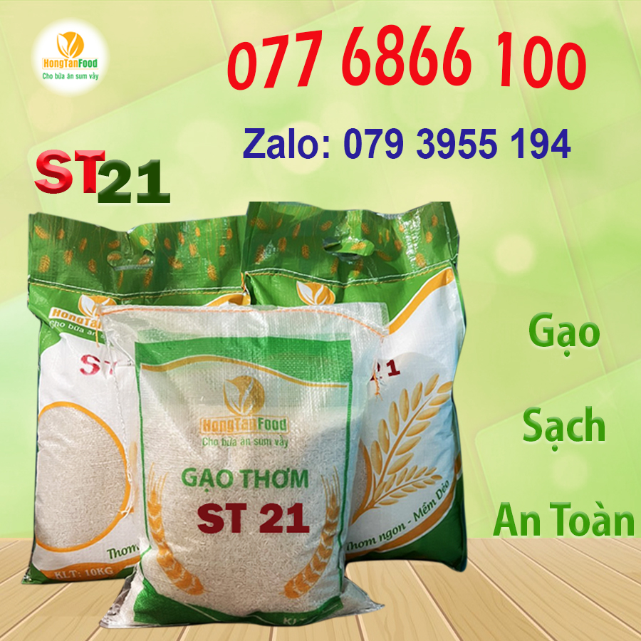 Gạo ST21 An Toàn Hồng Tân túi 10kg. không chất bảo quản, gạo thơm dẻo