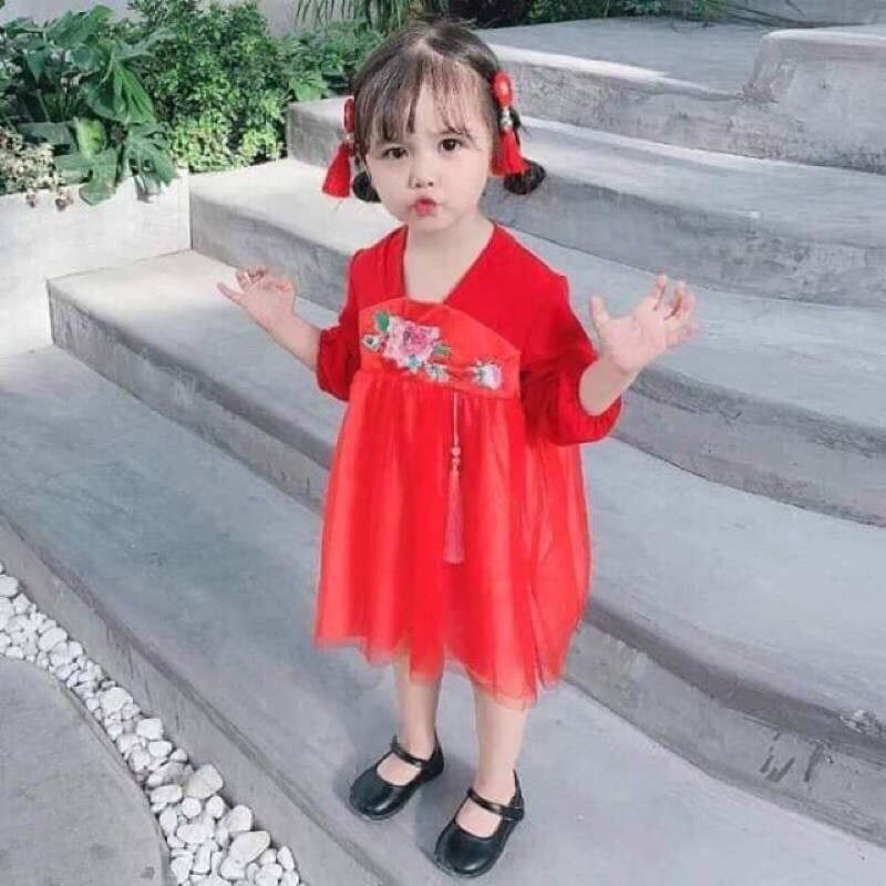 Váy (Đầm) Đỏ Gấm Ren Thêu Hoa Kiểu Hàn(8-22Kg)