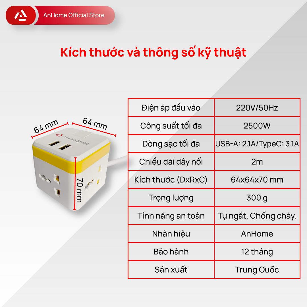 Ổ cắm điện đa năng AnHome Cube C3 có cổng sạc USB-A/TypeC, 2500W, thiết kế thông minh, chất liệu chống cháy lan