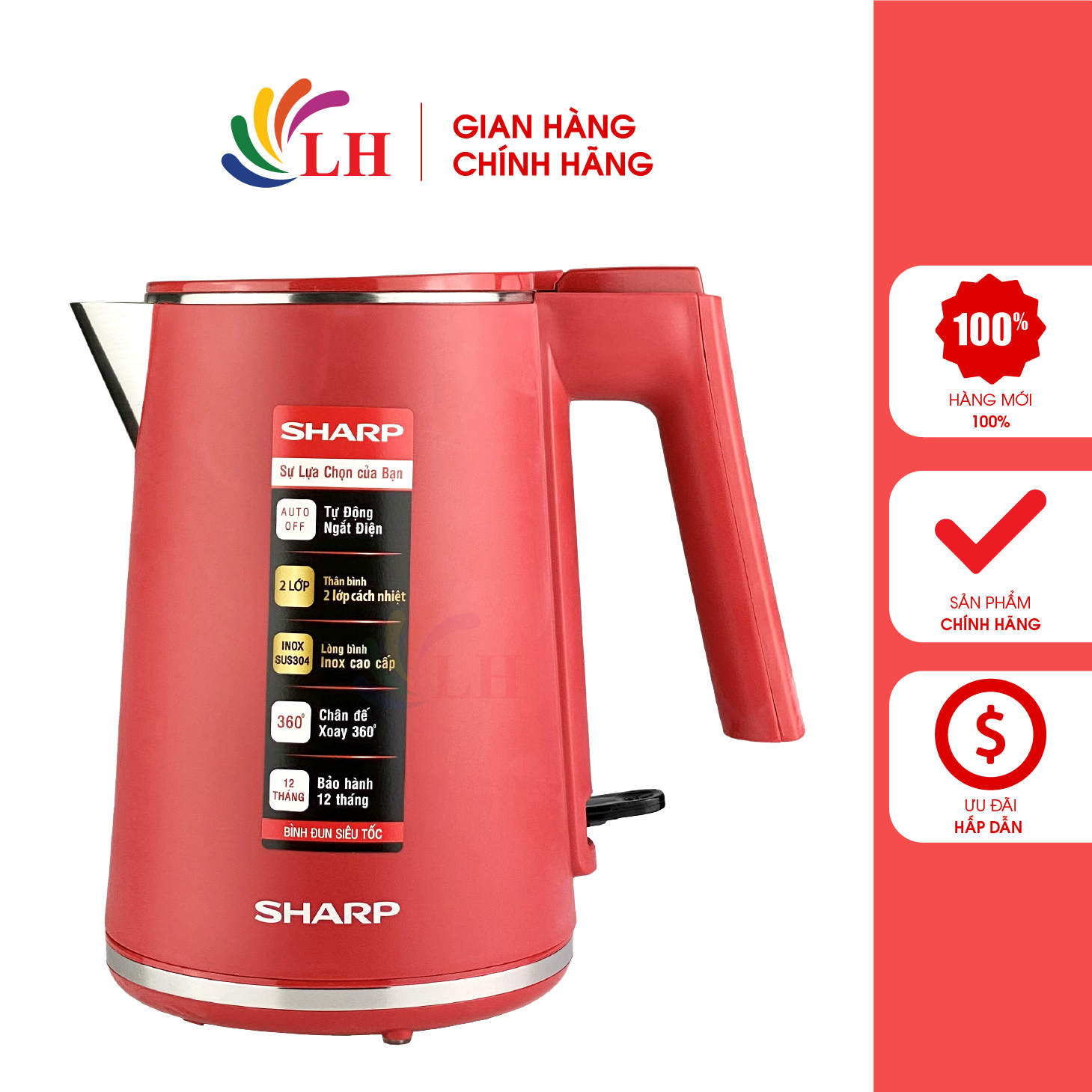 Bình đun siêu tốc sharp 1 lít ekj-10dvps - hàng chính hãng - có thể xoay bình 360 độ, chế độ an toàn, cột hiển thị mực nước