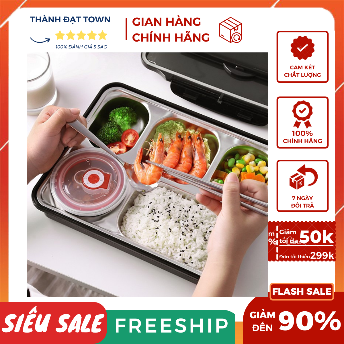 Hộp cơm văn phòng-Khay Đựng Cơm 5 Ngăn - Khay Đựng Thức Ăn Văn Phòng INOX Cao Cấp