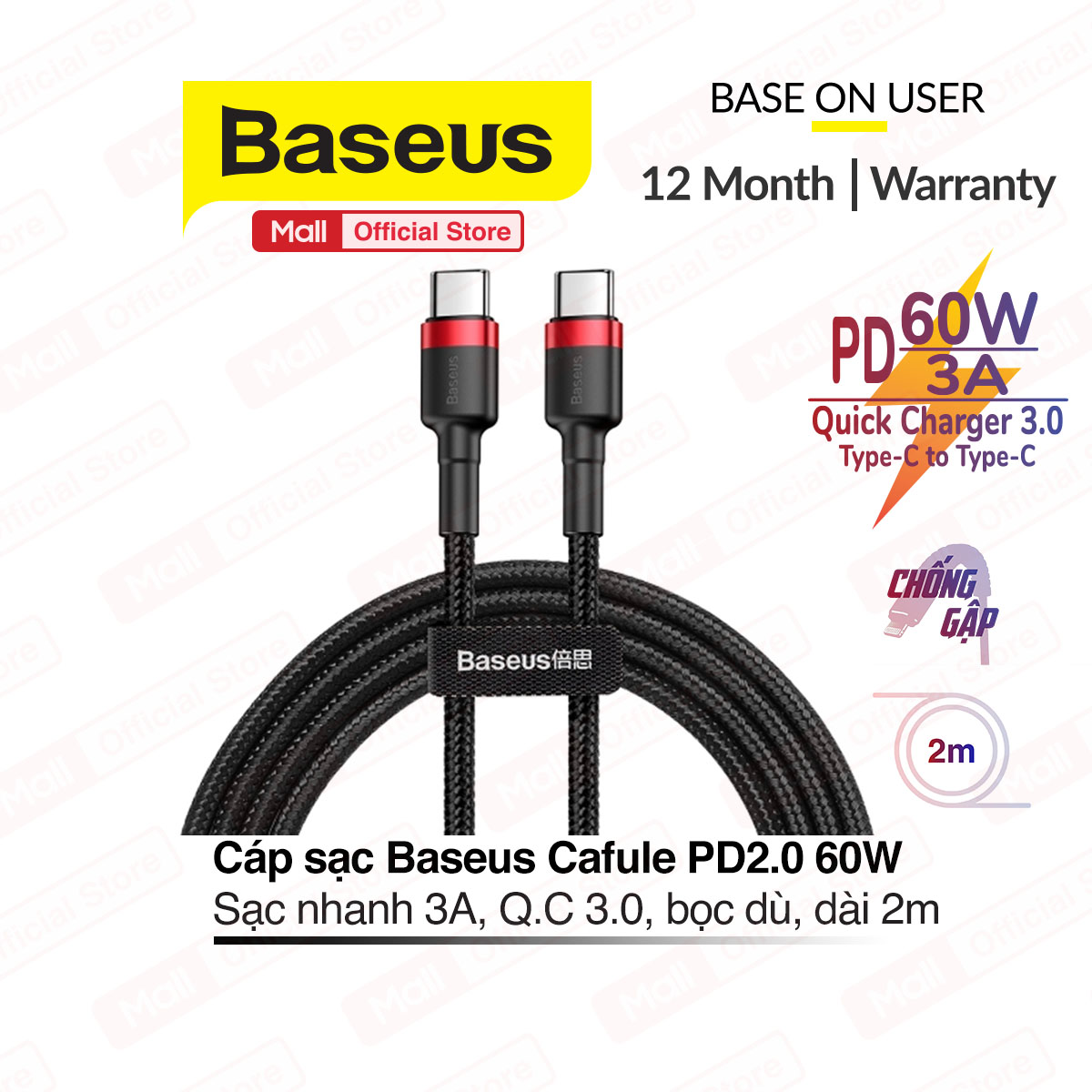 Cáp sạc nhanh Baseus Cafule Series Type-C to Type-C PD2.0 60W, hỗ trợ Q.C 3.0, truyền dữ liệu tốc độ cao 480Mbps, dây bọc dù, dài 2m