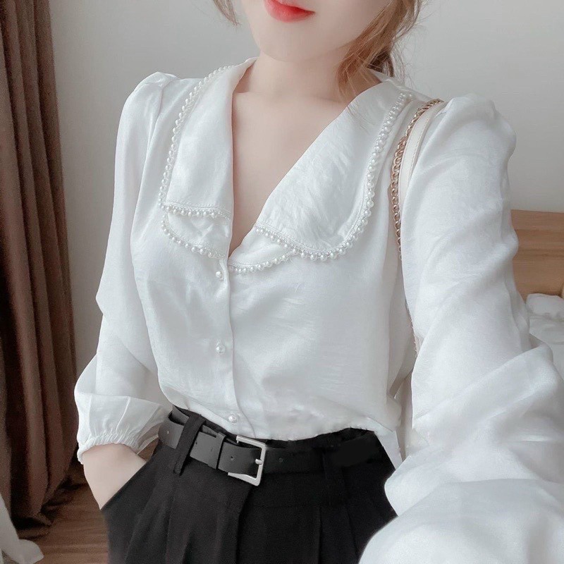 ÁO SƠ MI CỔ LÁ SEN ĐÍNH HẠT NGỌC,