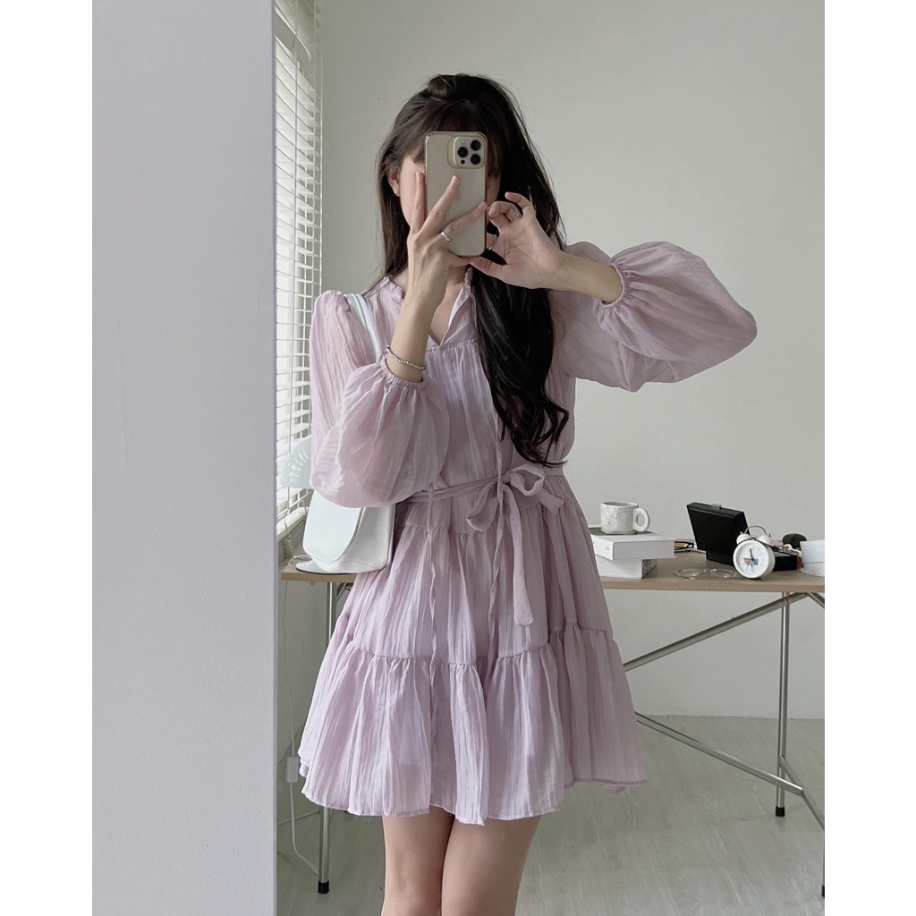Váy babydoll phối dây đai thắt eo 2 lớp phong cách tiểu thư AURORA