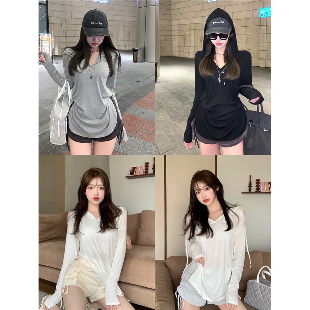 Áo thun cotton giấy ZARA xuất xịn tay dài vạt bầu cổ bẻ có nón trùm đầu đen, trắng, xám