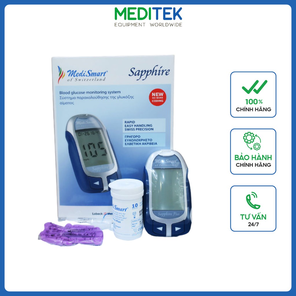 Máy đo đường huyết nhật bản medismart sapphire plus, nhập khẩu thụy sĩ, bảo hành chính hãng trọn đời
