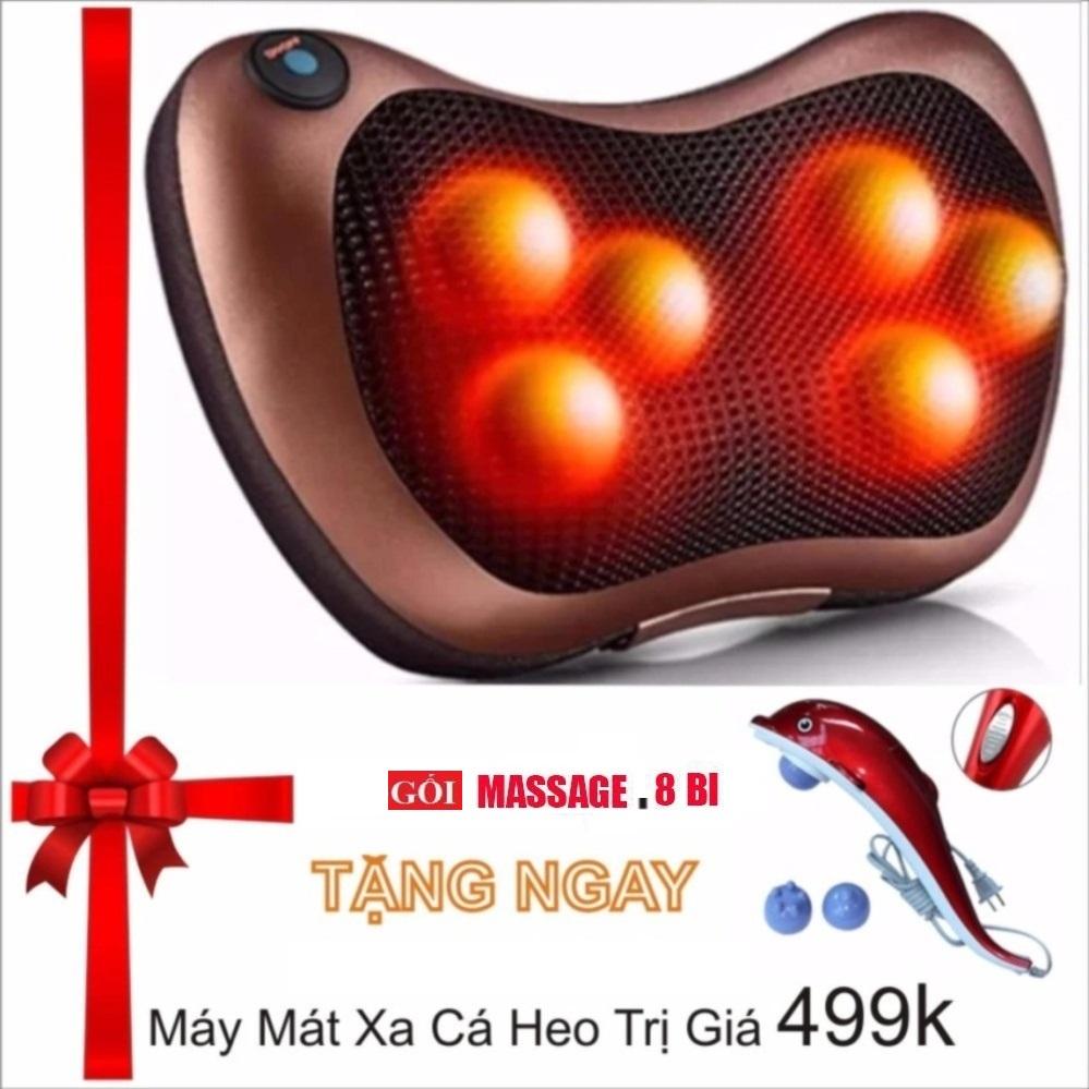 ( QUÀ TẶNG - SIÊU HÓT ) Gối mát-xa hồng ngoại Massage Pillow nâu 8 bi nhật bản + Tặng máy mát xa cá heo cao cấp
