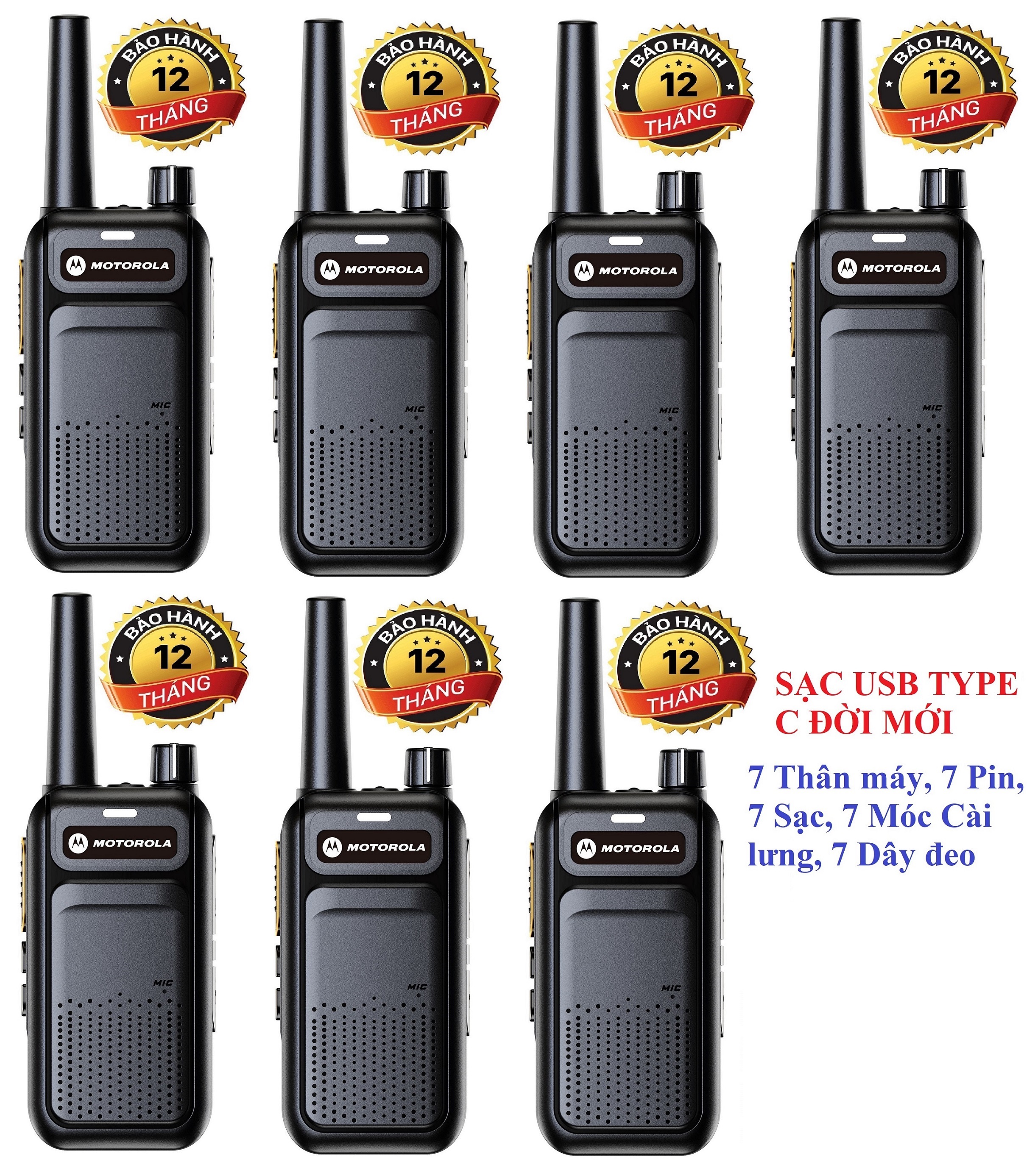 Bộ 7 bộ đàm motorola gp999s (loa to,chống từ tính, pin sử dụng trên 15 tiếng, sạc usb type c đời mới, cự ly liên lạc xa)
