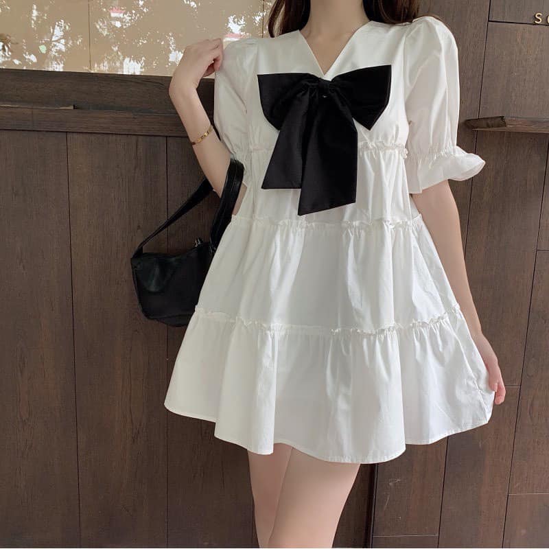 Đầm Babydoll Dáng Xòe Phối Nơ Ngực Đen 🌸 Váy tiểu thư cổ V tay phồng nhún bèo thắt nơ ngực đen bản to đi dạo đi chơi xinh xắn -xưởng may tít còi