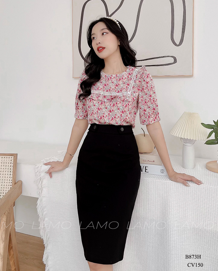 ÁO SƠ  MI HOA CỔ TRÒN VIỀN REN -B873