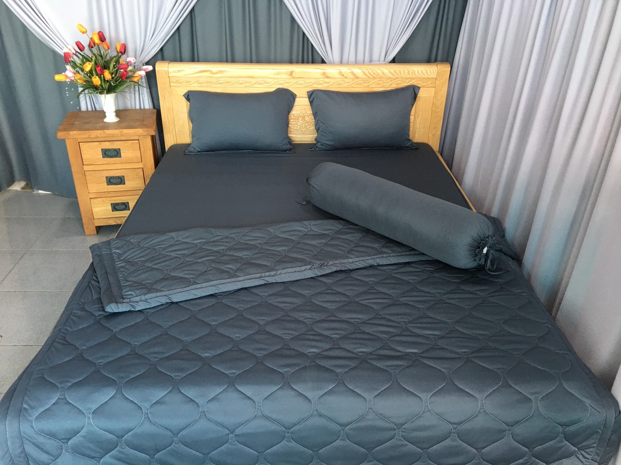 [HCM]Bộ Ga Gối 4 Món Thun Lạnh Hàn Quốc Màu Xám Chì - Chăn Ga Gối Thun Lạnh Hàn Quốc