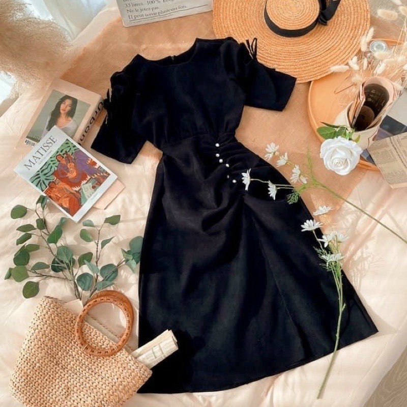 Đầm tay rút nút trắng 4 màu