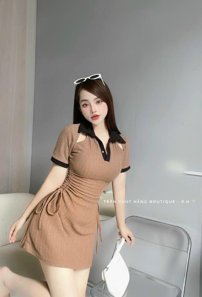 Đầm thun gân body váy polo tay ngắn rút dây eo tôn dáng mặc đi chơi 3 màu cơ bản trắng đen nâu sành điệu