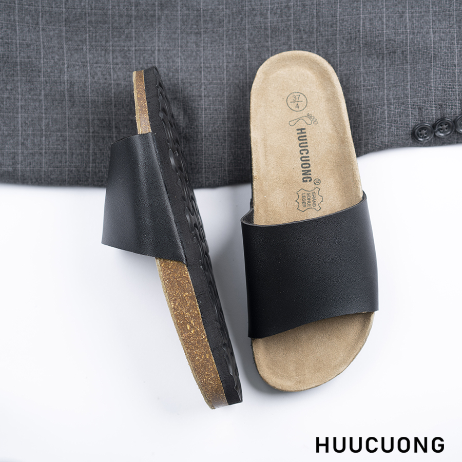 Dép đế trấu unisex 1 quai da pu đen