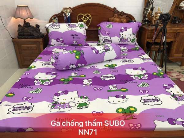 Ga chống thấm 100% cotton thun phủ nano siêu mềm họa tiết Kitty tím Kt 1m6 và 1m8